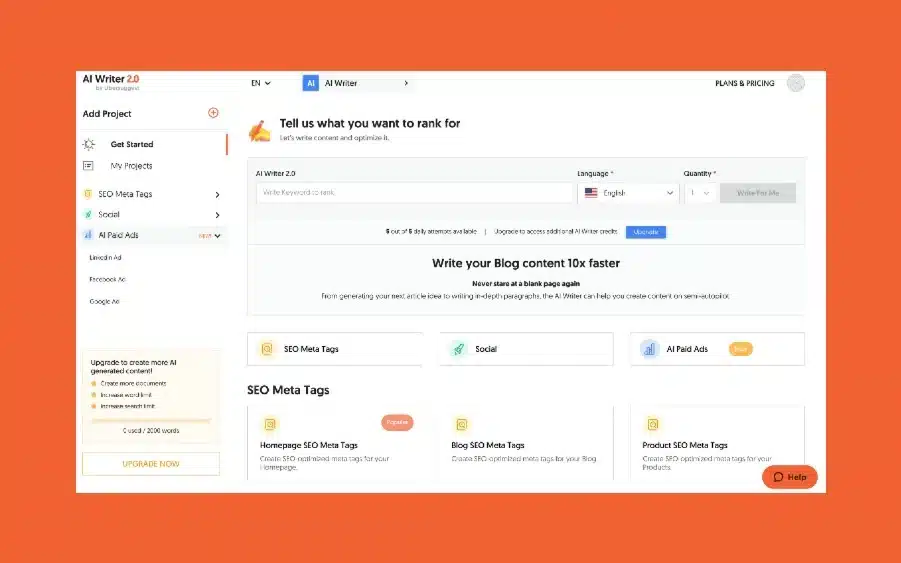 Ubersuggest AI Writer – أداة ضمن أدوات الذكاء الاصطناعي للمحتوى التي يستخدمها Dot Media لاقتراح أفكار لمقالات المدونة وتحسين نتائج البحث