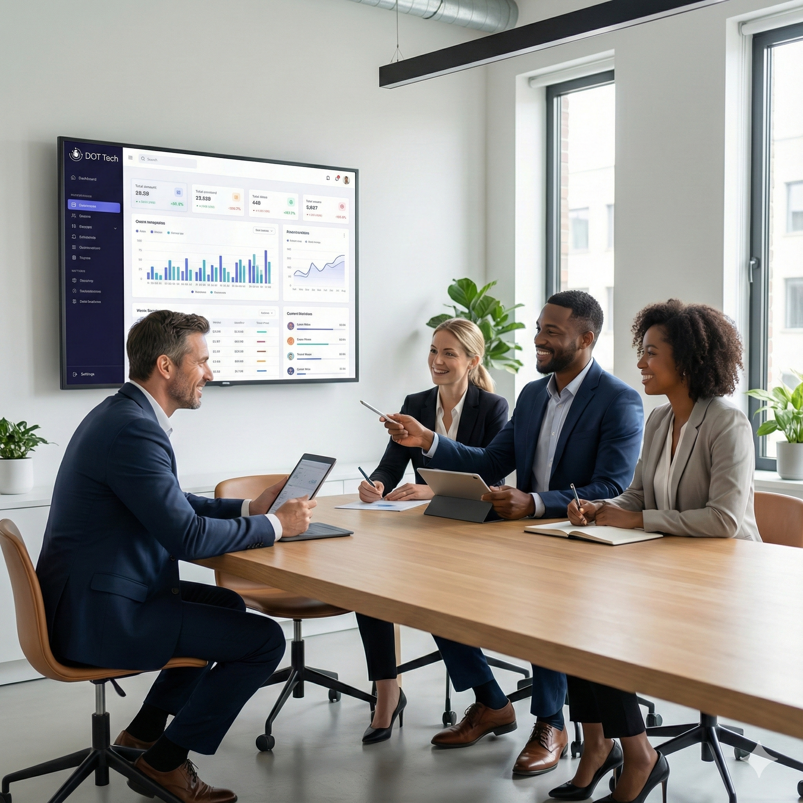 Business team discussing and selecting a web development company in Jordan with Dot Tech branding present