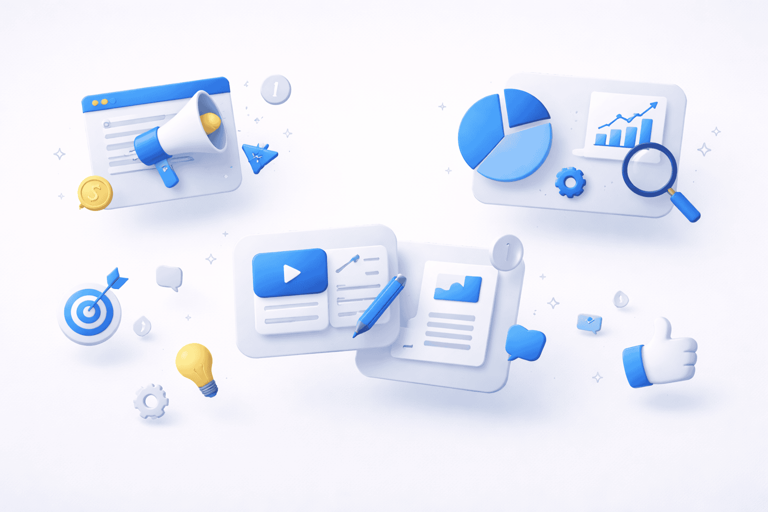 Minimal infographic showing disconnected digital marketing strategy elements representing poor marketing budget allocation and weak marketing systems