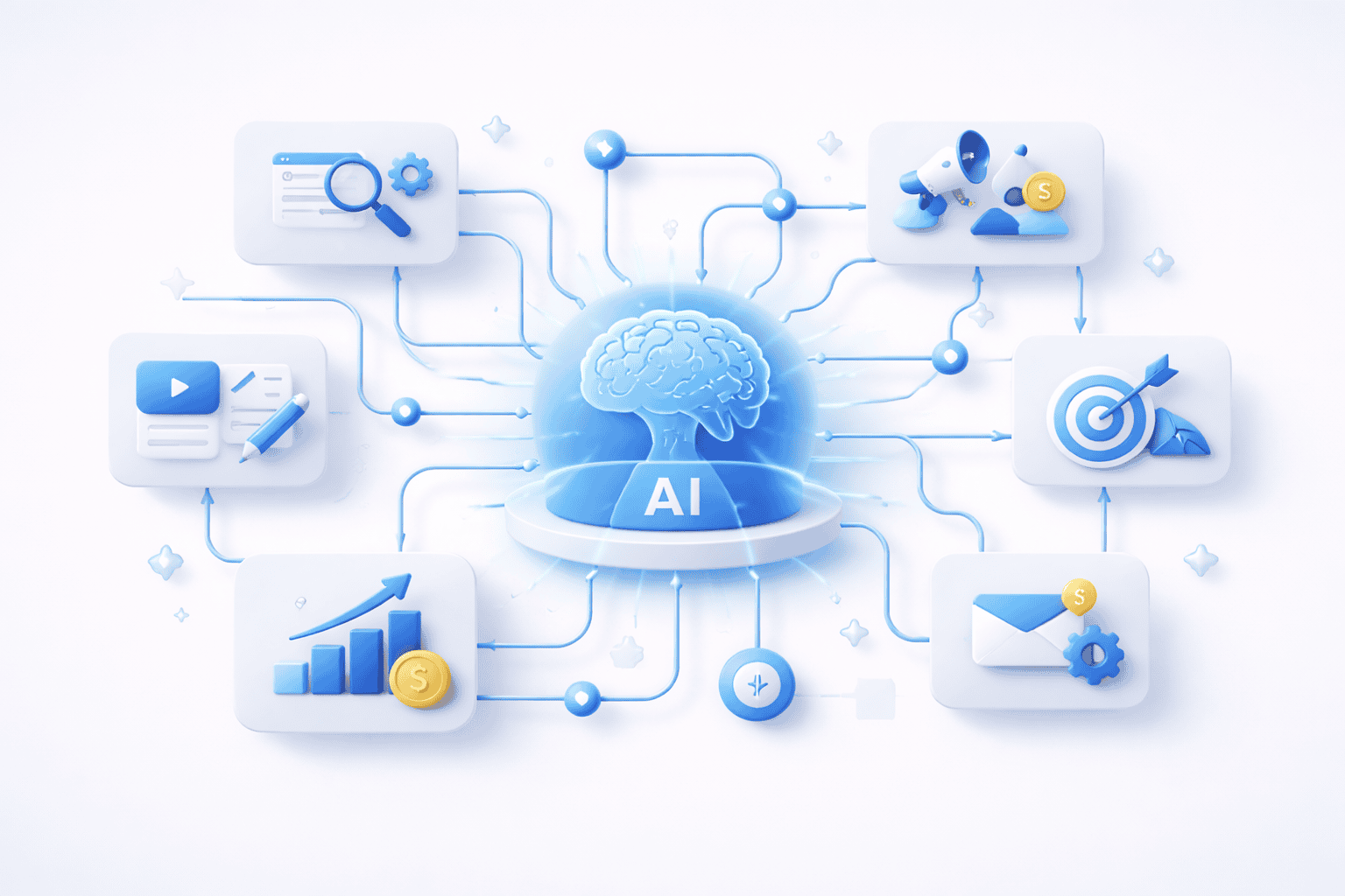 Abstract corporate infographic showing AI in marketing and automated marketing systems impacting marketing budget allocation and marketing performance