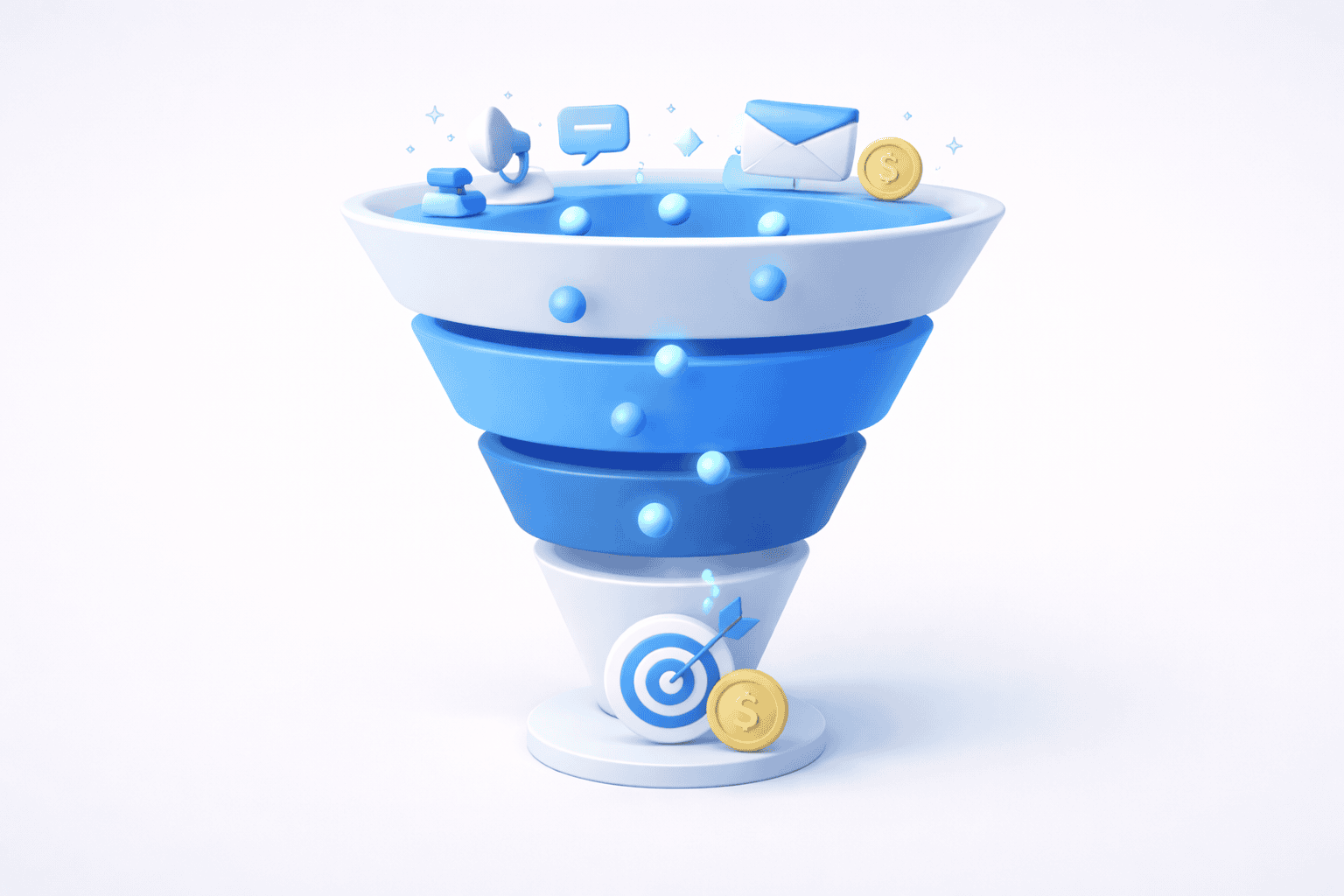 Minimal 3D infographic framework of marketing budget planning and marketing funnel strategy supporting marketing ROI and lead generation strategy