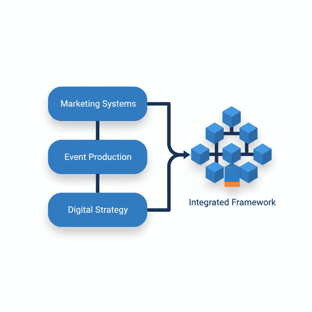 Executive infographic showing integrated event production and marketing systems improving event ROI in Jordan