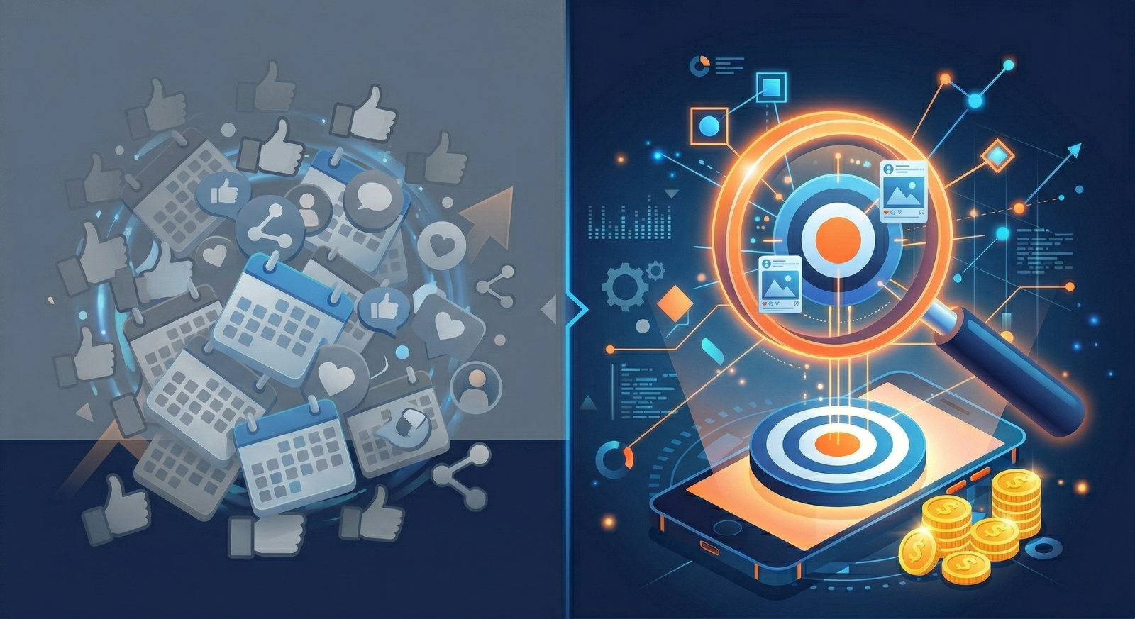 Comparison between random posting and executing a strategic content marketing plan
