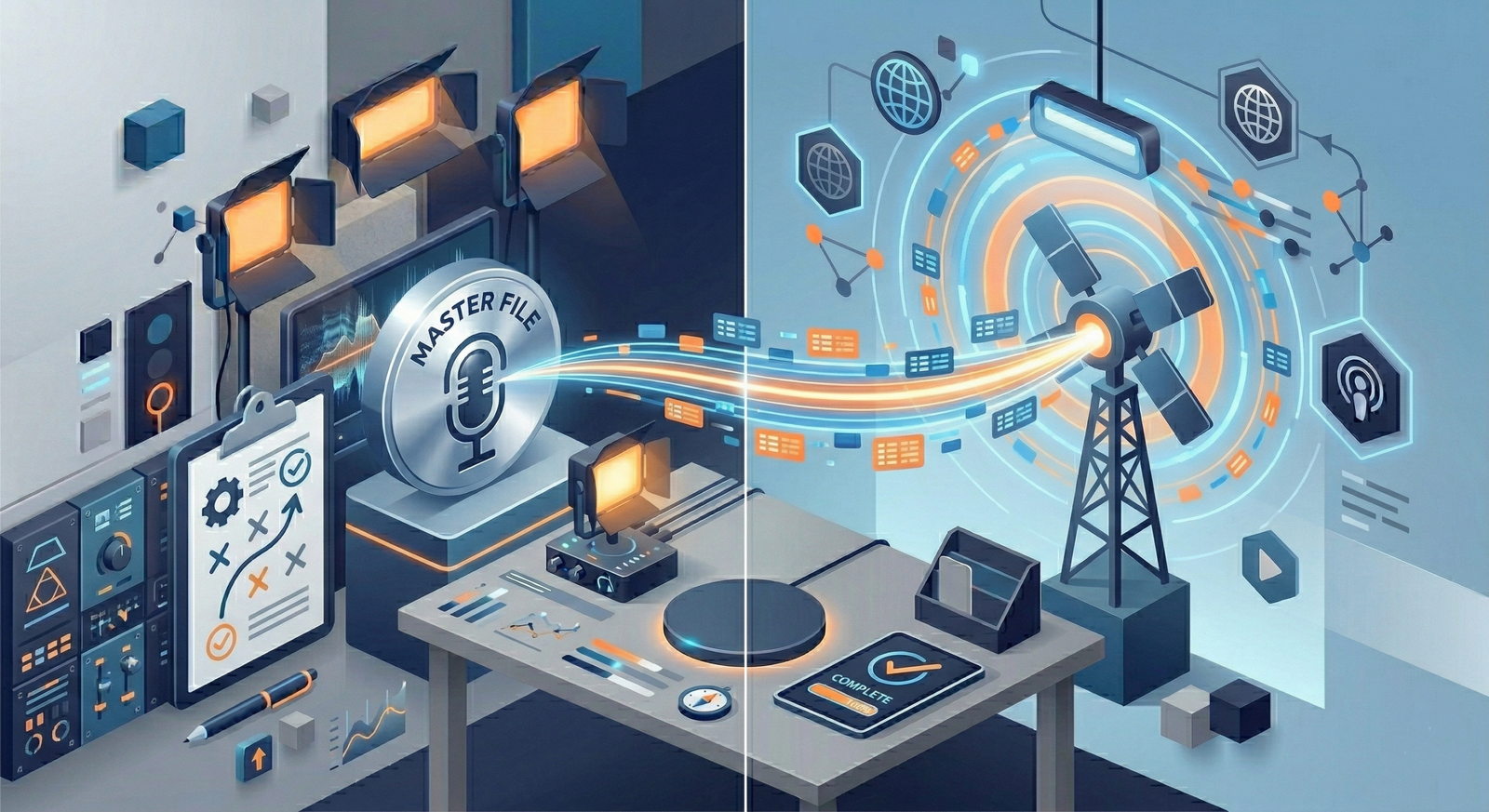 Professional podcast equipment inside a studio